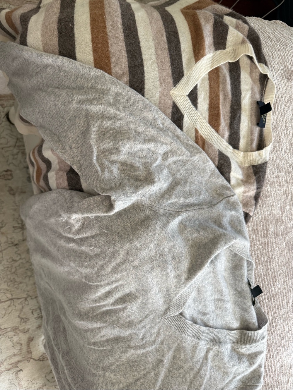 Charter Club Cashmere Striped V-Neck Sweaters in Cream, Brown & Light Gray.
